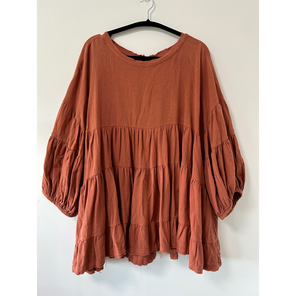 Free People Briana Ruffle Tiered Tunic Women SM Orange Boho Balloon Sleeve Top